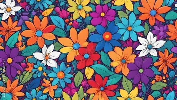 Obraz Colorful seamless pattern of flowers, leaves, and petals in various shades of orange, pink, purple, red, blue, and green.