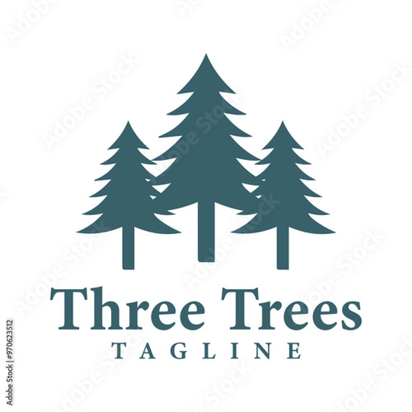 Fototapeta Silhouette of three simple pine trees spruce trees. Vintage classic logo design forest landscape