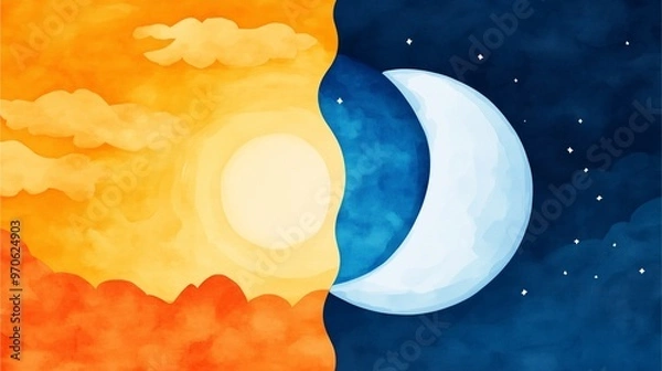 Fototapeta Sun and Moon Harmony: Watercolor sun and moon with soft clouds in day and night contrast.