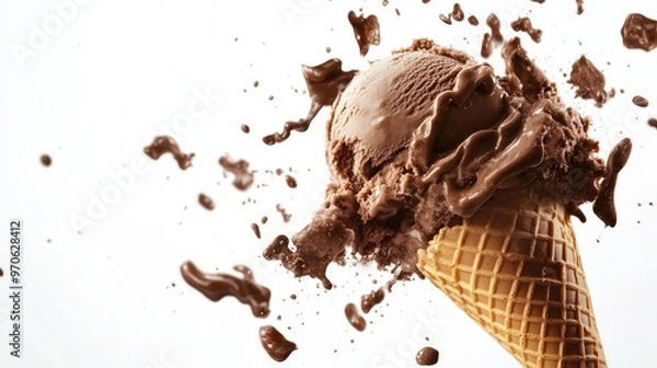 Fototapeta Dynamic image of a chocolate ice cream cone bursting open, showcasing the creamy chocolate ice cream against a white backdrop.