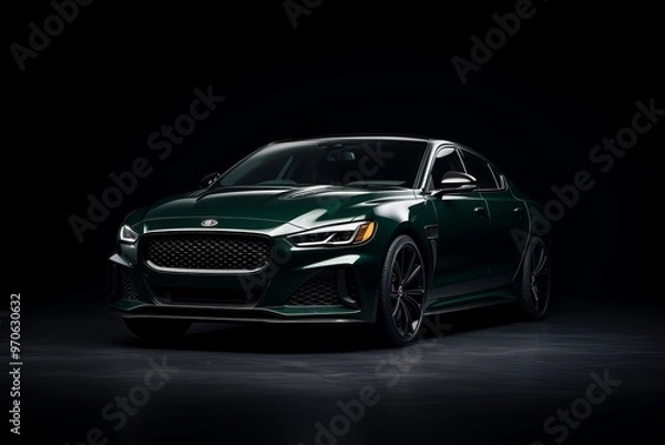 Fototapeta A sleek green luxury sedan parked in a dark studio showcasing its elegant design and performance