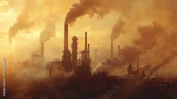 Fototapeta Heavy industrial machinery surrounded by air pollution and smog