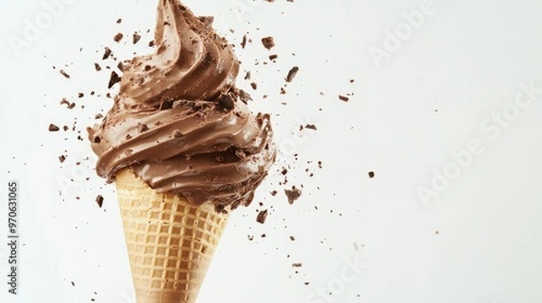 Fototapeta Exciting close-up of a chocolate ice cream cone explosion, with chocolate ice cream erupting against a clean white background.