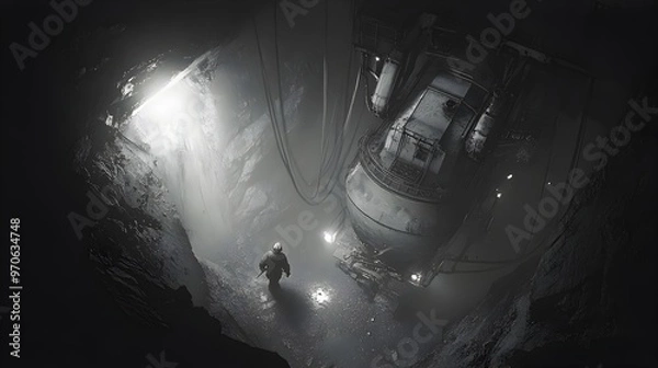 Fototapeta Coal Miner Operates Drilling Equipment in Underground Mine Shaft