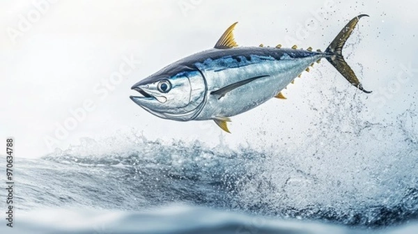 Obraz High-impact shot of a tuna fish jumping out of the water, set against a white background for dramatic effect