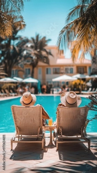 Fototapeta Two older travelers recline by the hotel pool, savoring drinks and soaking up the warm sunshine in a relaxing atmosphere