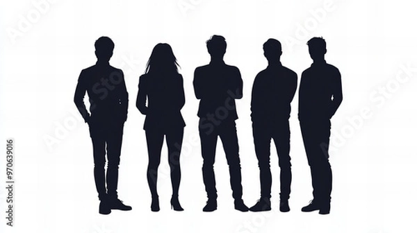 Fototapeta silhouettes of five casually dressed individuals standing together, creating a modern and minimalistic representation of a group interaction