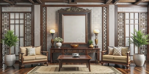 Obraz Interior of traditional Chinese style living room with tea table and blank empty frame for mock up, traditional