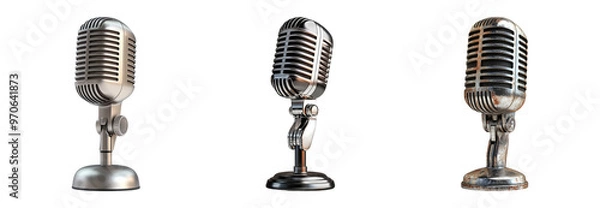 Fototapeta Three vintage style microphones standing in a row isolated on transparent background