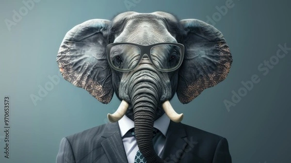Fototapeta Elephant Business Portrait in Formal Office Suit with Glasses and Tie Representing CEO Manager Conceptual Corporate Leader