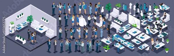 Fototapeta Isometric Kit for creating office for Tailors . Large Kit of furniture for the interior. Kitt of characters to create your own design. Create your own design