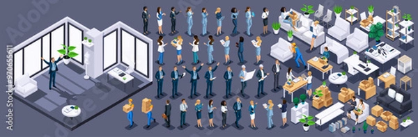 Fototapeta Isometric Kit for creating an office cabinet. Large Kit of furniture and Isometric Characters, Personage. Create your own unique design N4