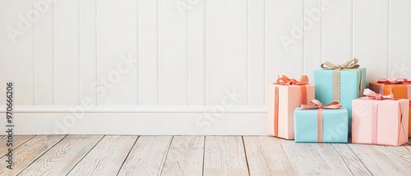Obraz A collection of vibrant present boxes adorned with ribbons resting on a simple floor and wall