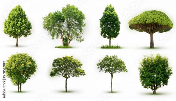 Fototapeta Different green trees and plants on white background