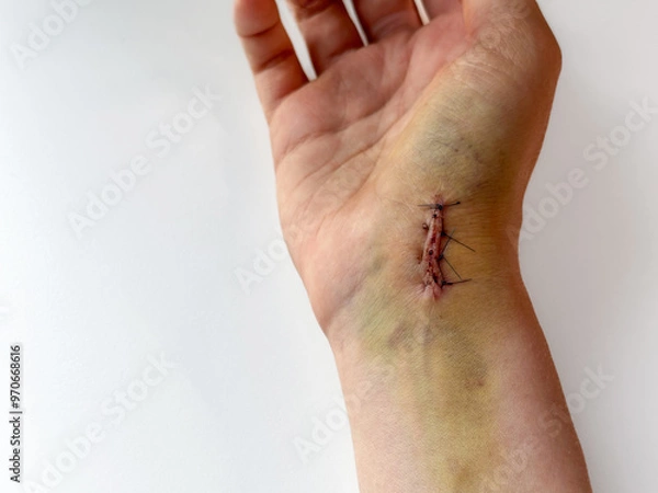 Fototapeta A woman's hand with a stitched wound on the wrist, isolated against a white background