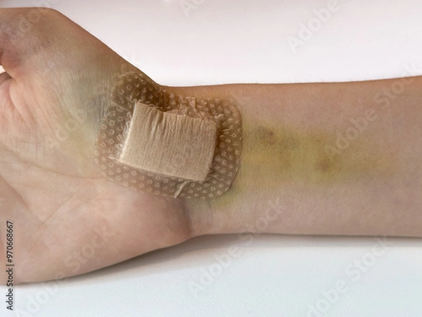 Fototapeta A woman's hand with a stitched wound on the wrist, isolated against a white background