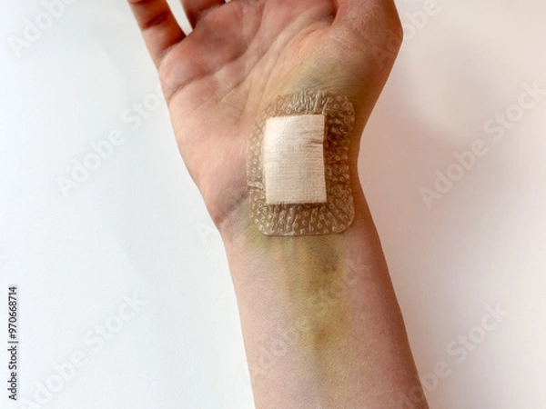 Fototapeta A woman's hand with a stitched wound on the wrist, isolated against a white background