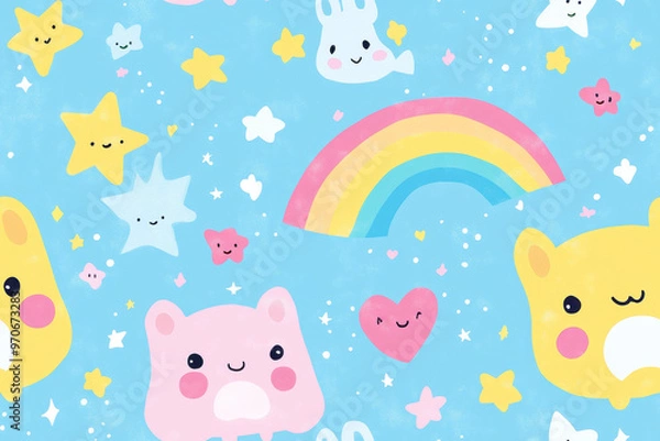 Fototapeta Seamless pattern of adorable animals with stars and rainbow design
