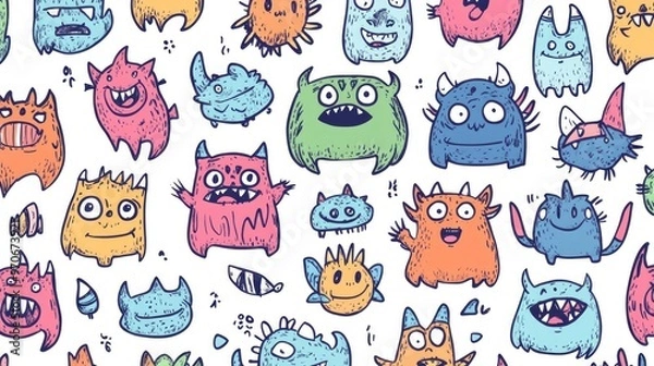 Fototapeta Adorable Doodle Monsters in a Seamless Vector Pattern for Design