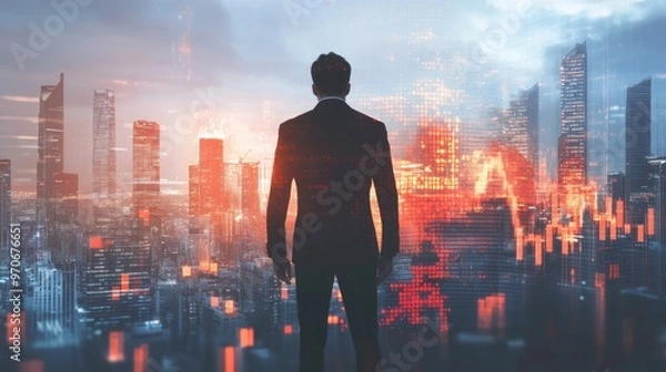 Fototapeta A businessman stands in front of a futuristic city skyline, looking towards a glowing red and orange sky, suggesting innovation, growth, and progress.