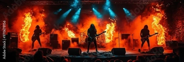 Obraz Rock Band Performing on Stage with Fire Effects
