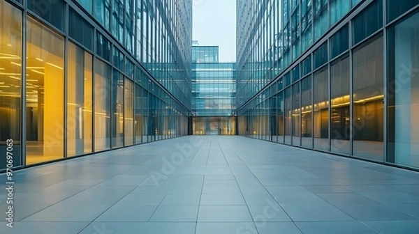 Fototapeta Modern Glass Facade of a City Building with a Tile Floor