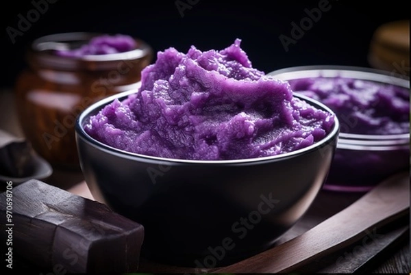 Fototapeta A bowl of ube halaya, a Filipino favorite dessert of mashed purple yam, sweetened and cooked into a pudding-like treat.