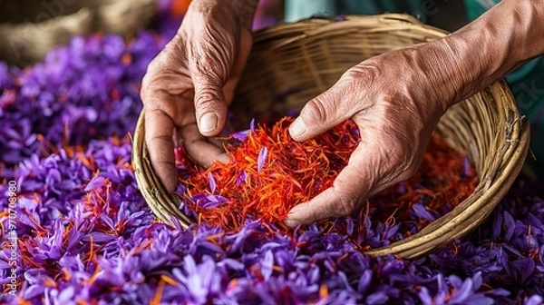 Fototapeta Hands Harvesting Saffron Threads from Purple Crocus Flowers in a Traditional Basket