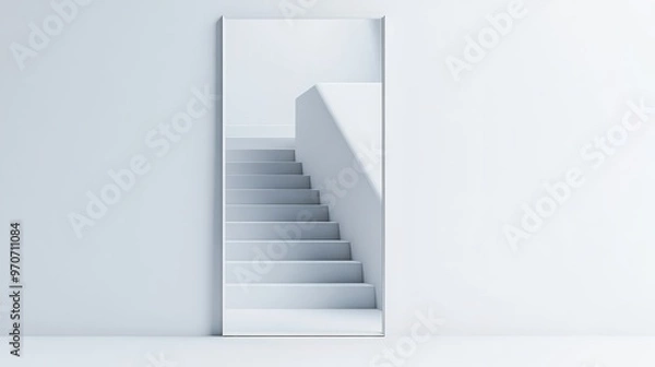 Obraz A Staircase Leads Into A Mirror On An Isolated White Background Creating A Surreal And Hyper-Realistic Depth Perception Effect . Generative ai