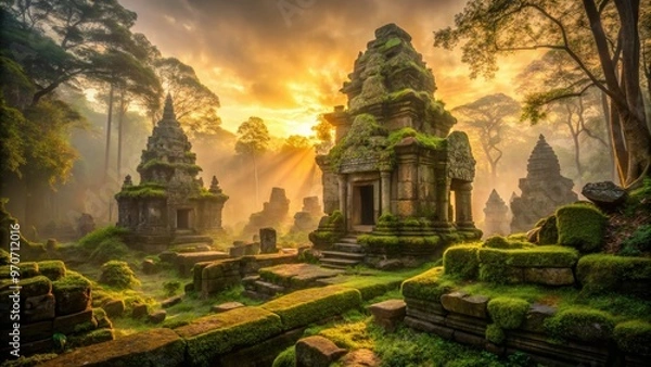 Fototapeta Majestic mystical ancient temple ruins overgrown with moss at twilight foggy misty atmosphere shallow depth of field warm golden light
