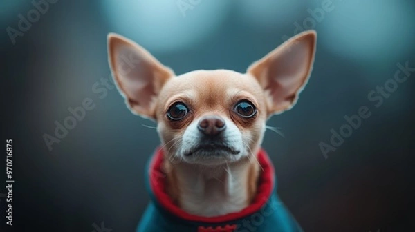 Fototapeta Charming Chihuahua portrait showcasing its expressive eyes and cute features against a blurred background.