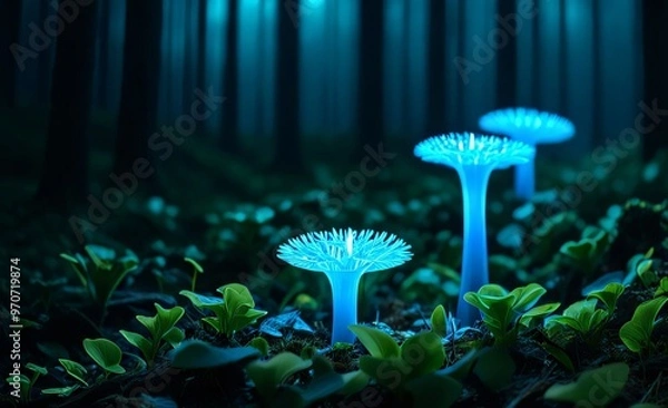 Fototapeta Macro shot of bioluminescent fungi glowing in a dark forest