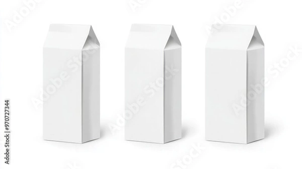 Fototapeta Set of three white blank carton milk packaging mockups, hyper-realistic style with front and isometric views on clean white background
