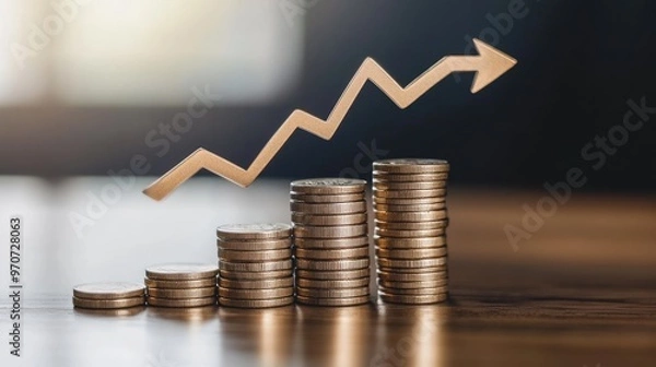 Fototapeta A gold arrow pointing upwards above stacks of coins on a wooden table, representing financial growth and success.