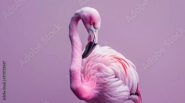 Fototapeta Elegant flamingo bird in a relaxed pose on a pastel lavender background