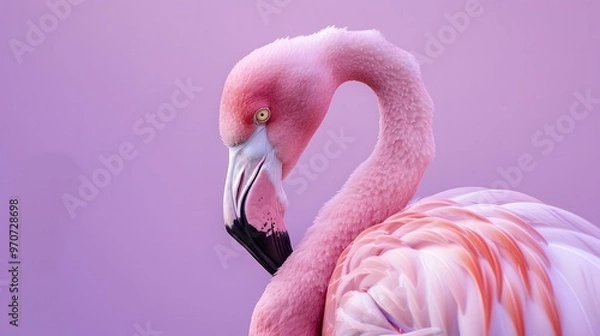 Fototapeta Elegant flamingo bird in a relaxed pose on a pastel lavender background