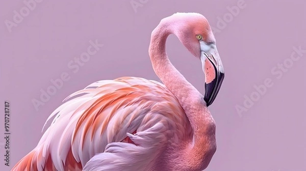 Fototapeta Elegant flamingo bird in a relaxed pose on a pastel lavender background