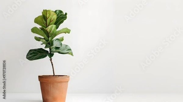 Fototapeta Fig plant in a stylish terracotta pot, standing against a white backdrop