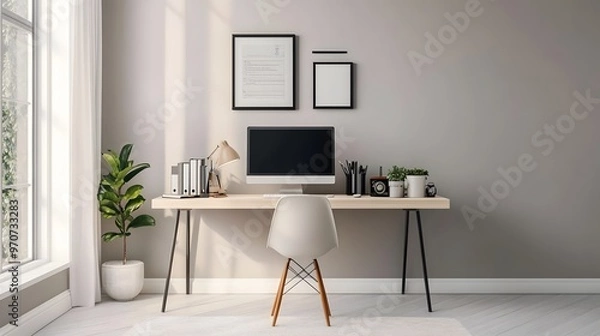 Fototapeta 61. Clean workspace with minimal decor, a computer, and a modern chair