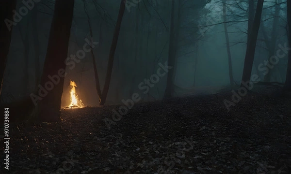 Fototapeta Bonfire burning in dark forest with fog at twilight