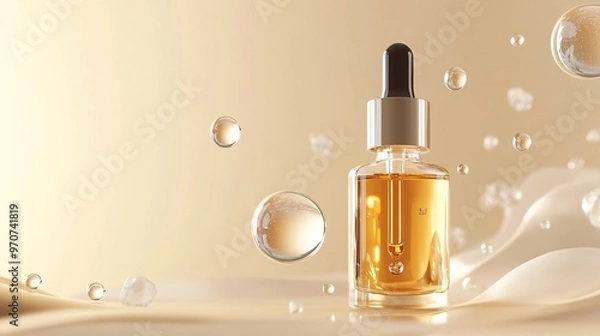 Fototapeta 55. Cosmetic oil serum with molecule, essence liquid or whitening serum 3d rendering. Sophisticated serum design with visible molecules and liquid essence, perfect for showcasing whitening products.