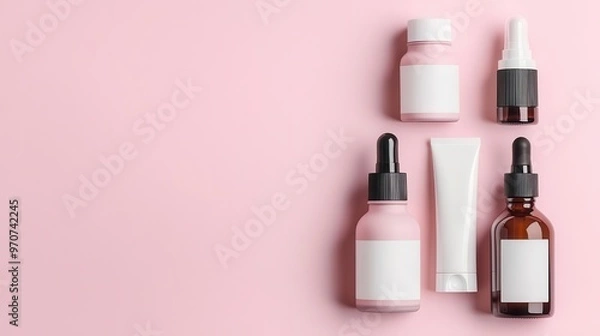 Fototapeta Flatlay of skincare bottles on a soft pink background, minimalist design, soft lighting, top view