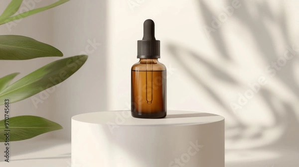 Fototapeta A glass dropper bottle filled with vitamin C serum sits on a white platform. This serum is designed to fight aging and protect your skin.
