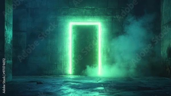 Fototapeta A glowing green door illuminated in a misty, mysterious space, inviting exploration and curiosity in a dark atmosphere.