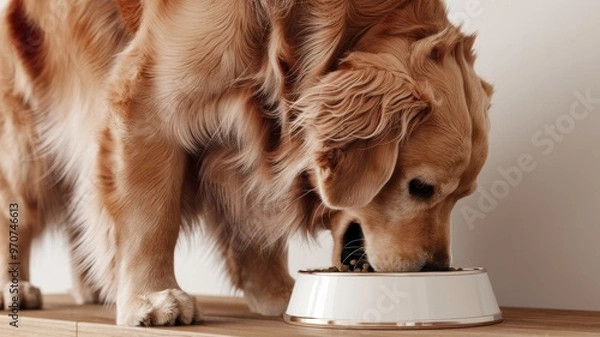 Obraz Golden Retriever eating from a bowl