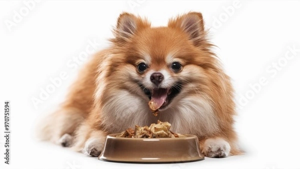 Obraz Close-Up of a Pomeranian Eating from Its Food Dish – Tiny and Tasty