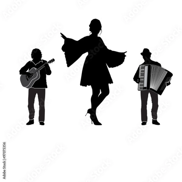 Obraz Musicians and dancer, trio, vector silhouette isolated