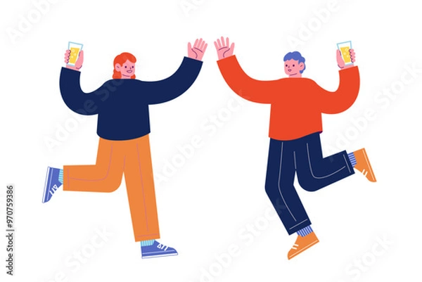 Fototapeta 飲み物を持ち、祝日を祝うパーティーを一緒に楽しむ陽気な友人達。笑顔でダンスを踊る幸せな人々。漫画のキャラクターベクターイラスト