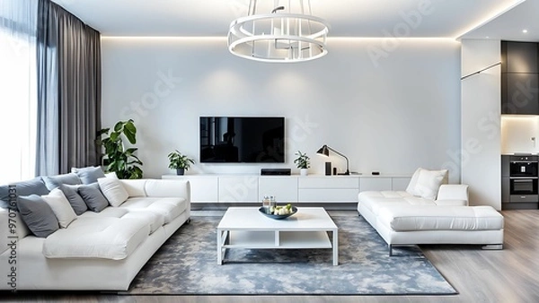 Obraz Modern Living Room with White Sofa, TV, and a Circular Chandelier