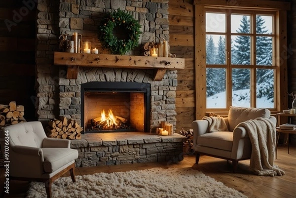 Obraz Warm cozy fireplace with real wood burning in it. Cozy winter concept. Christmas and travel background with space for your text